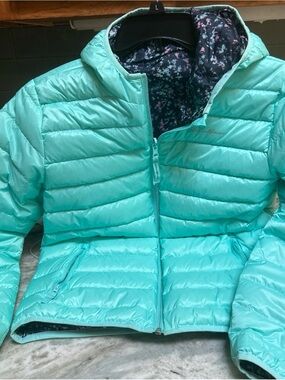 EDDIE BAUER GIRLS REVERSIBLE DOWN PUFFER JACKET SZ L 14 hood light weight